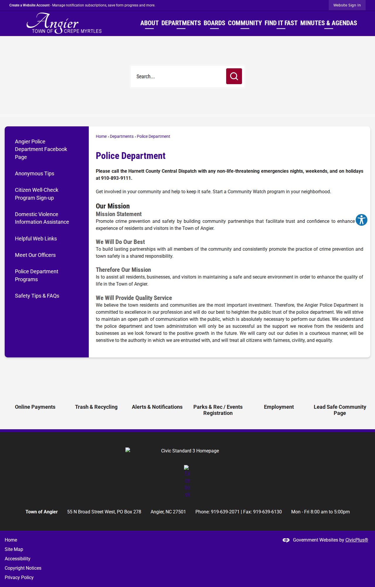Official Angier Police Department webpage with Town Hall contact information