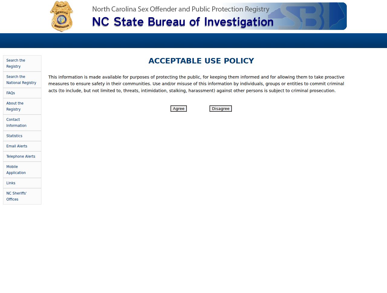 Harnett County sex offender search fields on the NCSBI registry