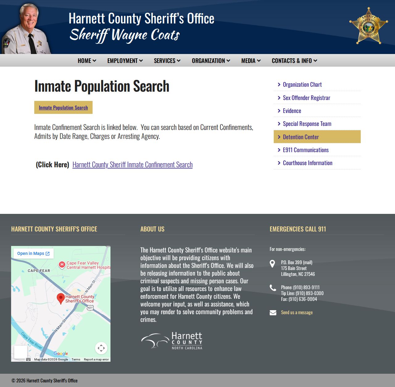 Harnett County arrest lookup inmate report menu